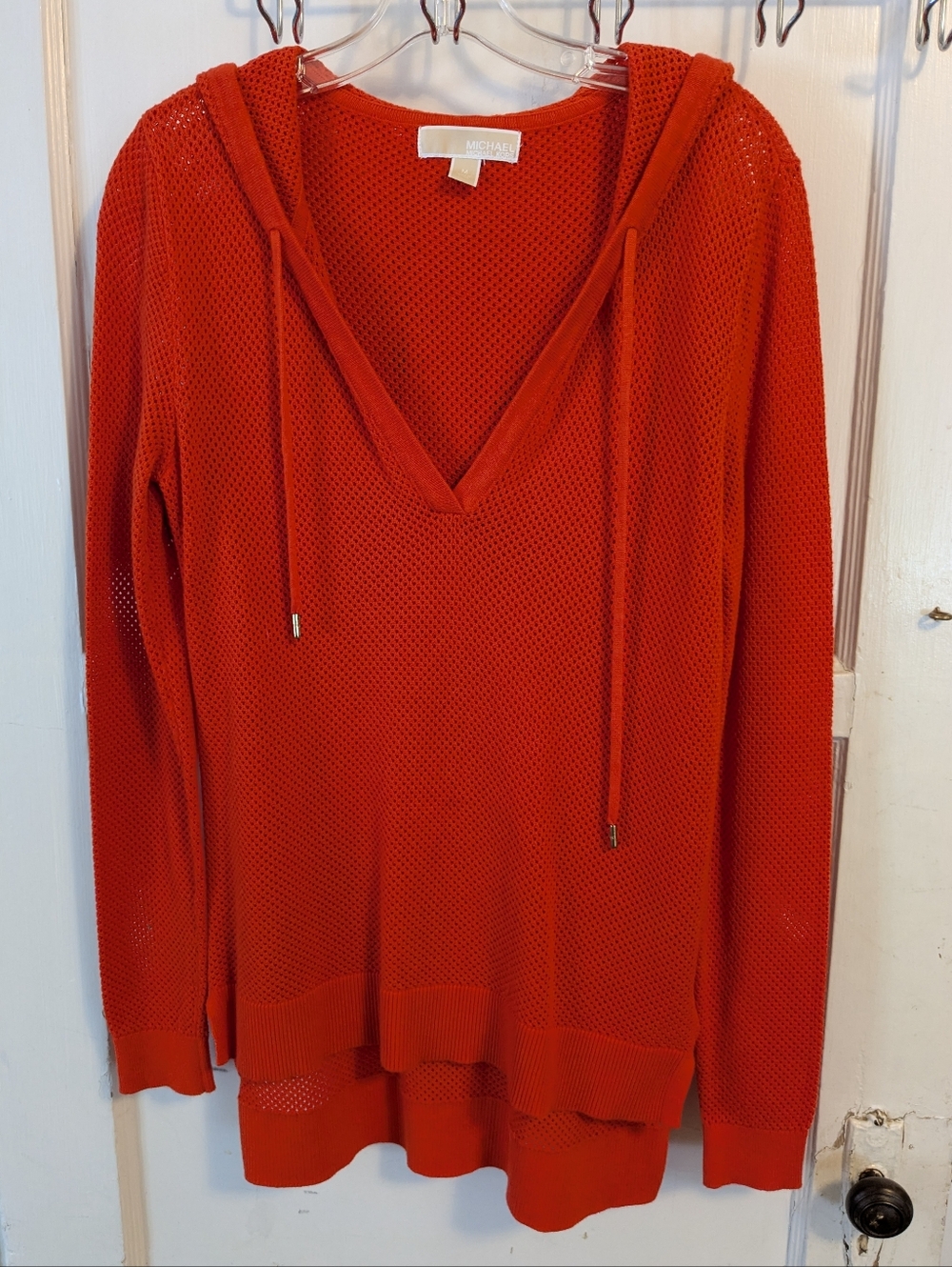 Michael Kors Open Knit Hoodie Sweater in Bright Orange, medium size